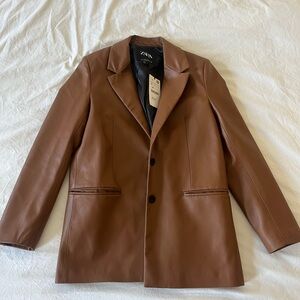 Zara size small oversize faux leather caramel brown blazer NWT